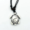 Faux bone carved white turtle necklace with Yin Yang pattern and black braided rope - B-2/White Yin Yang Turtle