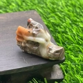 Macro detail of a 4cm natural agate dragon head carving on a dark wood base outdoors - Eye Agate