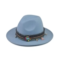 Light blue wide brim wool fedora with bohemian ethnic beaded band and fringe detail - 06-Light Blue
