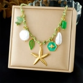 Woven cord necklace with gold starfish, green leaf pendant, and freshwater pearls - Starfish Leaf Bee Pearl Pendant Style (N3678)