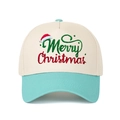 Close-up of Merry Christmas embroidery and stitching on the bicolor baseball cap - Lake Blue