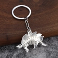 Detail of matte silver zinc alloy stegosaurus skeleton keychain on rustic background - Matte Silver Stegosaurus Skeleton