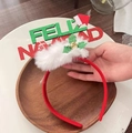 Plush Christmas headband with sparkling Feliz Navidad lettering and holly berry decor - 35# Red Letter Headband with White Fur and Bell