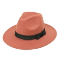 Detail of wide brim wool fedora hat in caramel with a black ribbon bow decoration - 56-59cm Adjustable / Brick Red