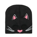 Close-up of black knit cat beanie with ear details and eye cut-outs for Halloween - Cat Funny Style (D)
