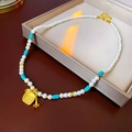 Baroque pearl necklace with turquoise beads and gold garden tool charms in beige box - 18K Real Gold Plated Pearl Necklace (5mm)