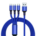 Blue nylon braided 3-in-1 charging cable with two USB-C and one Micro-USB connectors - 1.2m 3-in-1 (Bare Wire) / Blue