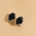 French vintage silver oval earrings featuring a large faceted black crystal stone - Black (Silver)
