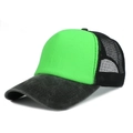 Distressed baseball cap featuring bright green panels and grey washed brim with mesh back - Fluorescent Green