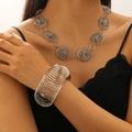 Polished silver spiral jewelry set including a layered necklace and wide coiled bracelet - Silver (White K Necklace + Bracelet)