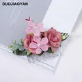 Bohemian floral hair comb with dark red roses and pink petals on metal base - FS08-4 Dark Red
