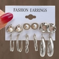 Set of 6 silver geometric earrings featuring pearls and twisted metal hoops for women - 6 Pairs Set-Silver Pearl Twist Double Hoop