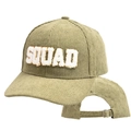 Detail of army green corduroy baseball cap with SQUAD embroidery and metal buckle - SQUAD-Grass Green