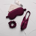Three-piece faux silk sleep set in wine red featuring eye mask, scrunchie and headband - Deep purple