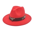 Detail of red wide brim fedora with bronze bull head ornament and floral embroidery - M (56-58cm) / Red