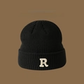 Thick black knitted beanie for winter with white letter R embroidery detail - R Label-Black