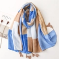 Sky blue and white cotton linen scarf with tassels and geometric patchwork design - 180*90CM / Blue Patchwork