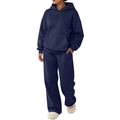 Women's minimalist navy blue tracksuit featuring a hooded sweatshirt and wide-leg trousers - Navy Blue