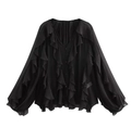 Detailed view of black chiffon blouse featuring ruffled layers and a deep V-neckline - XS / Black