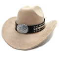 Detail of khaki suede cowboy hat featuring a large rhinestone buckle and metal studs - M (56-58cm) / Camel