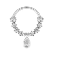 Silver stainless steel nose ring with white zircon stones and a pear-shaped pendant - Silver