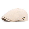 Beigefarbene Schiebermütze aus Leinen mit vintage M-Patch an der Seite - Verstellbar (57-61cm) / Beige Kariert