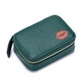 Mini groene leren lippenstift tasje met rode lippen borduursel en spiegeltje - Donkergroen