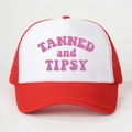 Detail of red and white mesh trucker hat with pink TANNED and TIPSY printed text - One Size / Red