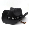 Black straw western cowboy hat with leather band and silver conchos from a 45-degree angle - M (56-58cm) / Black