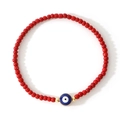 Red beaded bracelet with a classic blue evil eye charm and golden bead accents - Red