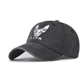 Washed black cotton baseball cap with embroidered cat face and vintage distressed finish - Adjustable / Black