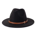 Close-up of black felt fedora hat featuring a brown leather band and golden metal buckle - M(56-58cm) / Black + Brown Belt