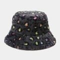 Women's faux fur bucket hat with vibrant colorful leopard print on black base - M (56-58cm) / Rainbow Small Leopard Deep Grey