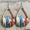Bohemian teardrop wood earrings featuring vintage forest mountain scenery and fishhooks - Style 2 (Sunset Scenery)