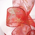 Ruban de Noël rouge en organza translucide avec flocons dorés et bords métalliques - 6.3cm de Large x 10 Yards / Rouge Pailleté