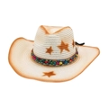 Μποέμ ψάθινο καπέλο cowboy με καφέ αστέρια και χρωματιστή κορδέλα με χάντρες για τον ήλιο - Ένα μέγεθος / Λευκό (Θιβετιανό Στυλ Ζαχαρωτού)