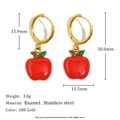 Detailed view of 18K gold plated stainless steel apple earrings with red enamel charms - Apple