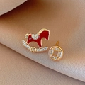 Elegant red enamel rocking horse and coin pearl earrings with gold plating and zircons - Style 22 Silver Needle-Gold-Red True Gold Plated