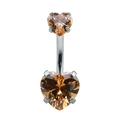 Silver belly button ring featuring champagne heart-shaped cubic zirconia stones - Champagne