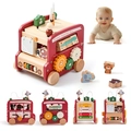 Red wooden animal tourism bus toy with beads and xylophone for baby early learning - Red Activity Bus 5-in-1