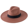 Classic wide brim felt fedora hat in caramel tan with a sleek black ribbon band - One Size 58cm Circumference / Dark Camel