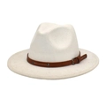 Detail of white wool fedora hat featuring a brown leather band with metal rivets - M (56-58cm) / White