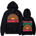 Schwarzer Langarm-Kapuzenpullover mit Vintage-Sonnenuntergangsdruck und Slogan-Grafik - S / Schwarz