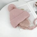 Pink knit winter trapper hat for children featuring fluffy pom-poms and fleece lining - One Size(Elastic) / Pink