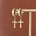 Macro shot of 18K gold plated stainless steel cross drop earrings on display stand - Gold (B-2)