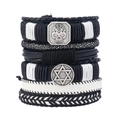 Ensemble de bracelets en cuir punk pour hommes avec crâne et hexagramme - Noir