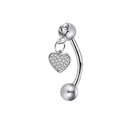 Silver stainless steel heart navel piercing with sparkling clear zircon inlay stones - Solid Heart