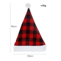Red and black buffalo plaid Christmas hat with white pom-pom and dimensions marked - Short Plush Adult Hat Red Black Plaid