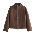 Dunkelbraune Damen-Wolljacke mit Stehkragen und silbernem Doppel-Reißverschluss - S / Dunkelbraun