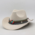 Cream suede cowboy hat with turquoise beads, metal coins and ethnic woven band - One Size (56-60cm) / Beige